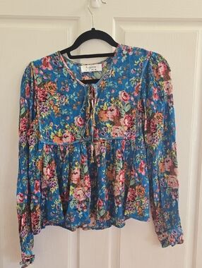 Auguste Teal Blue Floral Tie-Neck Peasant Blouse